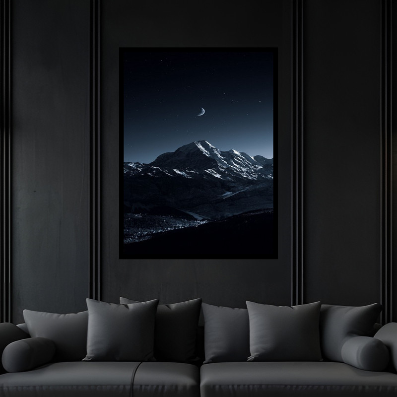 تابلو بکلیت طرح هنری منظره طبیعت و کوه و کوهستان آسمان شب ماه و ستاره مدل B-bu6089 فریم مشکی