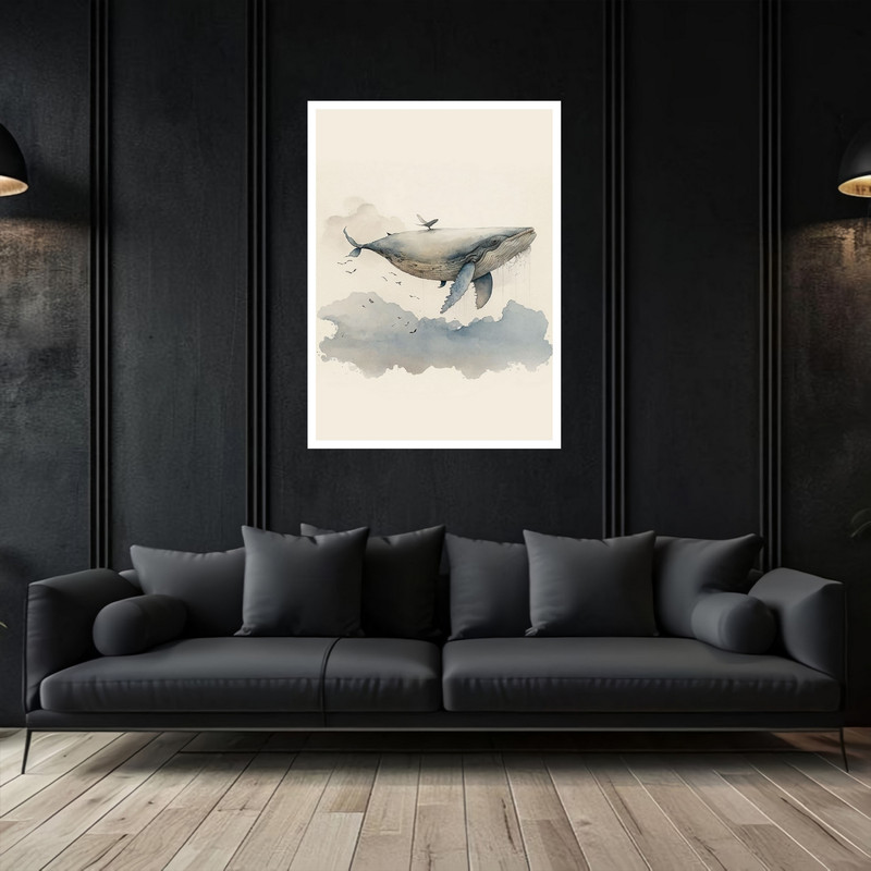 تابلو بکلیت طرح نقاشی ابرنگ حیوانات نهنگ کودک و کودکان مدل W-bu5470 فریم سفید