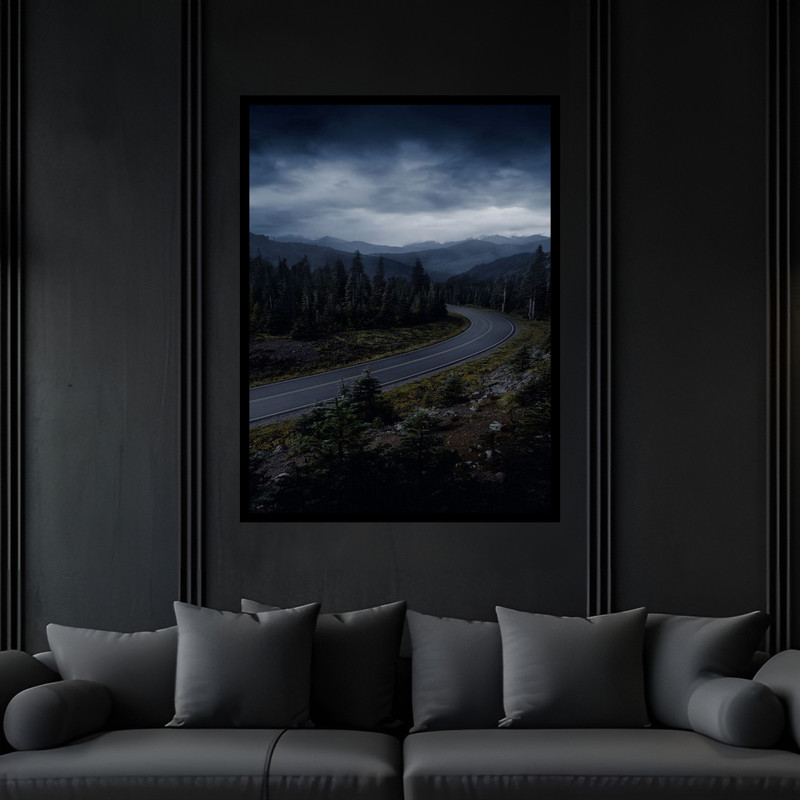 تابلو بکلیت طرح منظره طبیعت آسمان بارانی ابری و جاده مدل B-bu6807 فریم مشکی