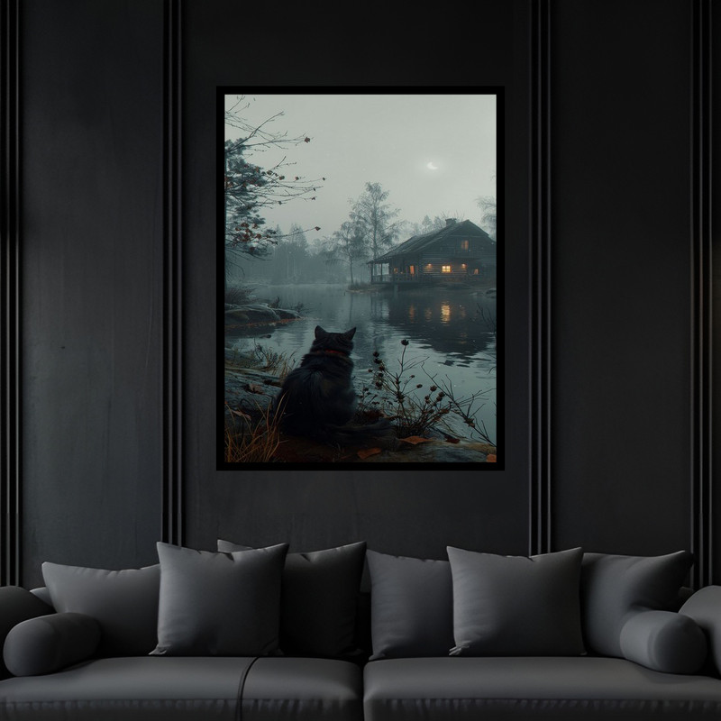 تابلو بکلیت طرح منظره برکه طبیعت درخت و گربه مدل B-bu6821 فریم مشکی