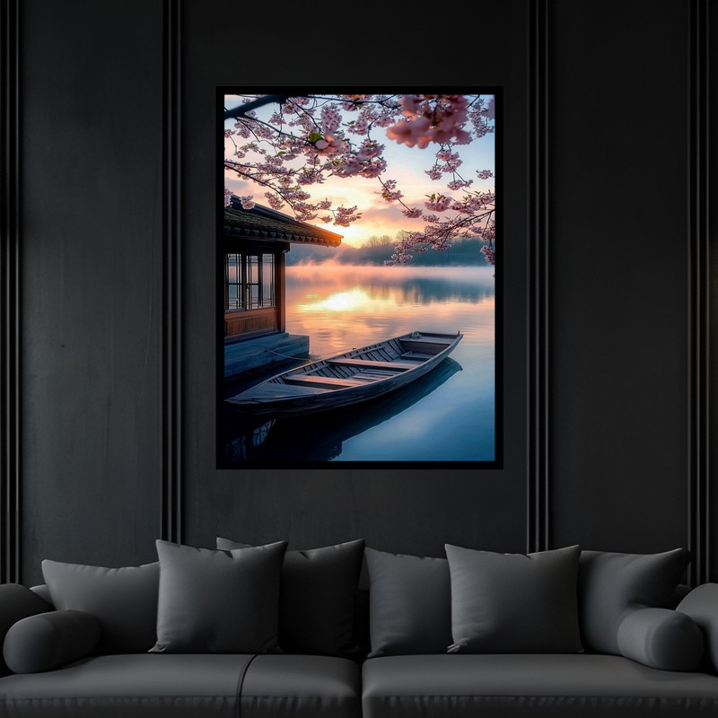 تابلو بکلیت طرح هنری مدرن دریا قایق و شکوفه درخت مدل B-bu6275 فریم مشکی