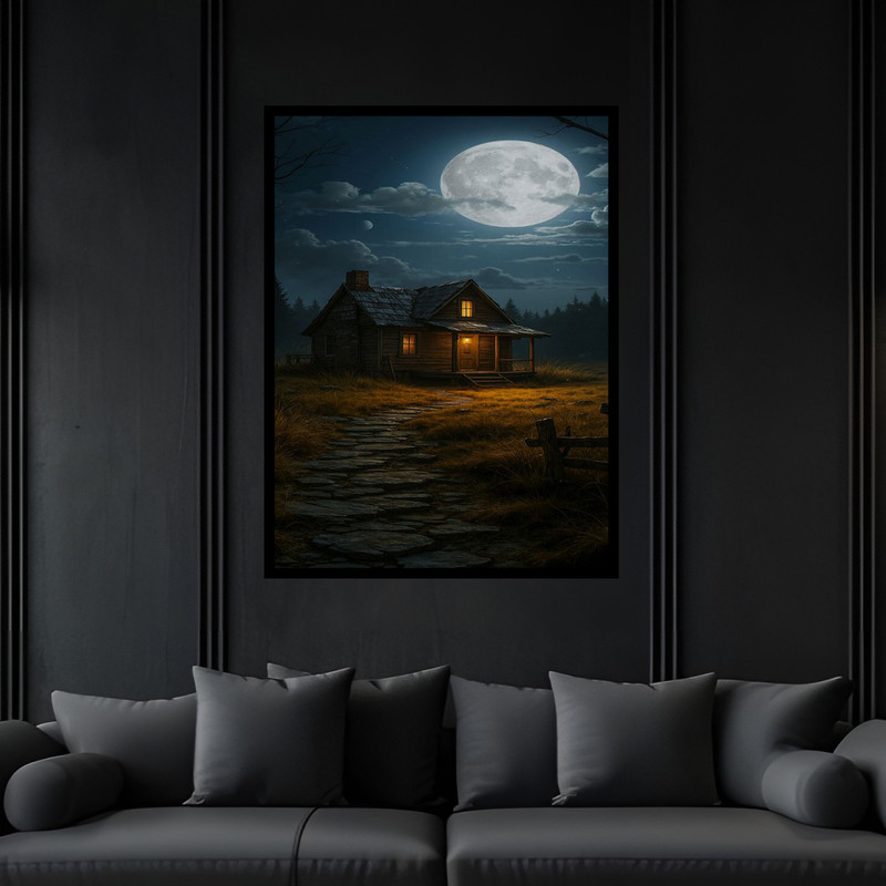 تابلو بکلیت طرح کلبه جنگلی و آسمان شب و ماه مدل B-bu6430 فریم مشکی
