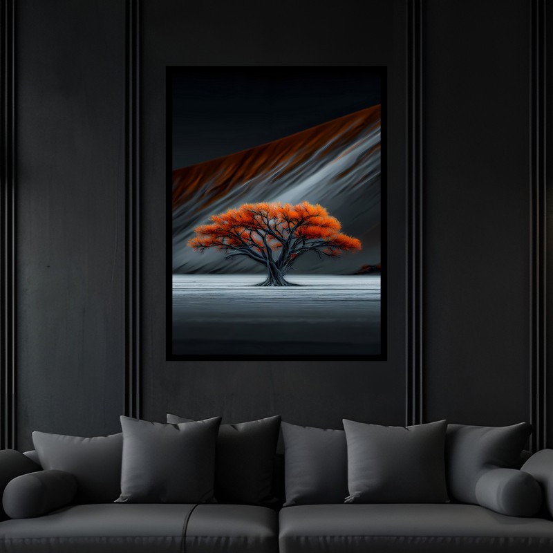 تابلو بکلیت طرح هنری طبیعت مینیمال تک درخت مدل B-bu7343 فریم مشکی