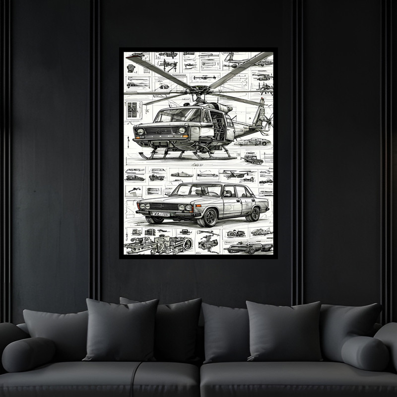 تابلو بکلیت طرح فانتزی نقشه مهندسی ماشین پرنده مدل B-bu7339 فریم مشکی