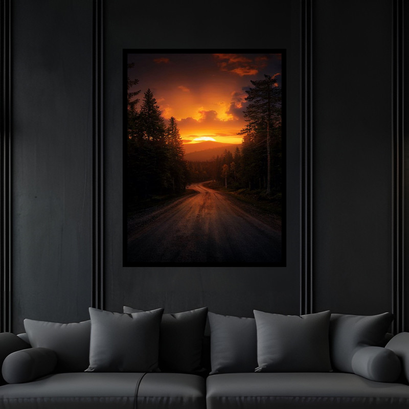 تابلو بکلیت طرح هنری منظره طبیعت جنگل و جاده و غروب آفتاب مدل B-bu6006 فریم مشکی