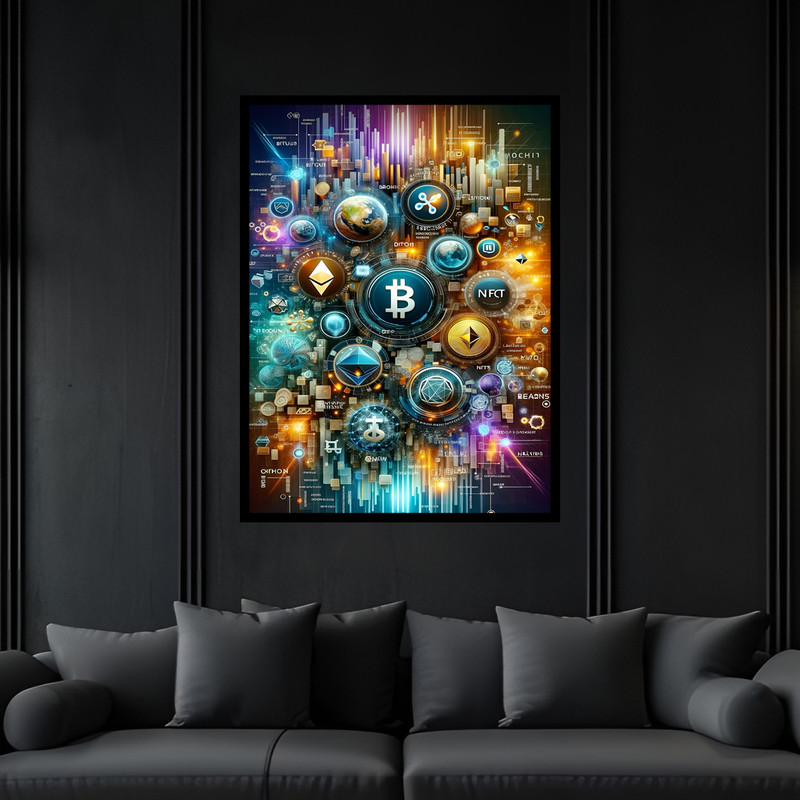 تابلو بکلیت طرح تکنولوژی و فناوری ارز دیجیتال بیت کوین مدل B-bu6981 فریم مشکی