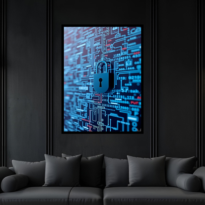 تابلو بکلیت طرح قفل تکنولوژی و فناوری امنیت شبکه کامپیوتر مدل B-bu6989 فریم مشکی