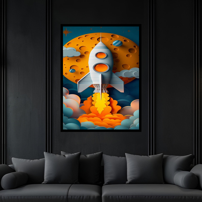 تابلو بکلیت طرح فانتزی دکوری موشک و هواپیما مدل B-bu6817 فریم مشکی