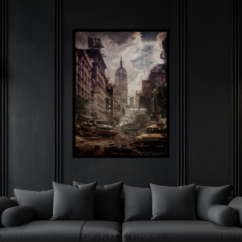 تابلو بکلیت طرح ویرانه و آواره جنگ منظره شهری جمله DEAD END مدل B-bu6158 فریم مشکی