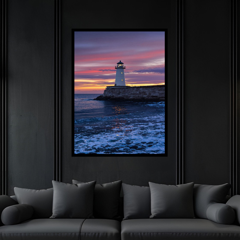 تابلو بکلیت طرح هنری دکوراتیو دریا و ساحل فانوس دریایی مدل B-bu6394 فریم مشکی
