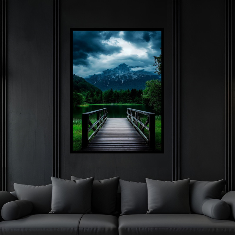 تابلو بکلیت طرح پل چوبی منظره طبیعت و جنگل دشت مدل B-bu6439 فریم مشکی