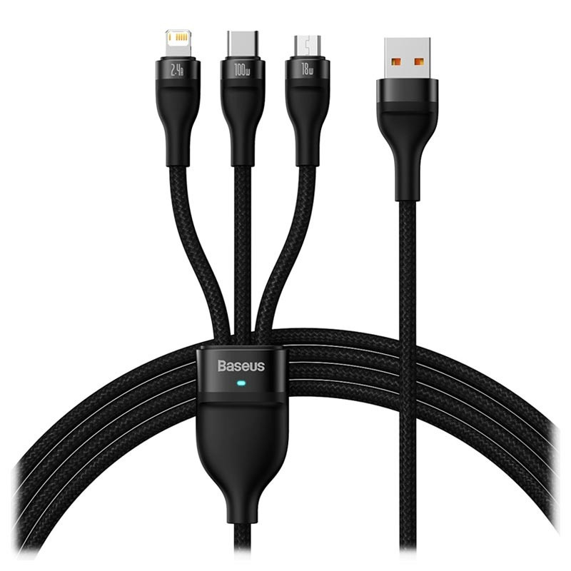 کابل تبدیل USB به USB-C / microUSB / لایتنینگ باسئوس مدل Flash Series Ⅱ 100W طول 1.2 متر