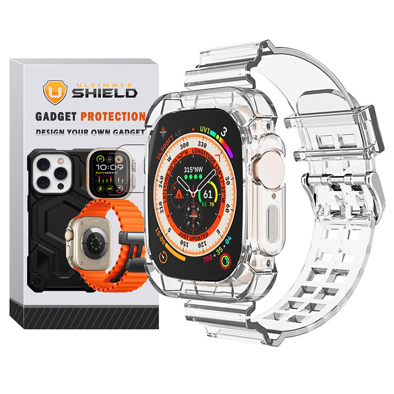 بند آلتیمیت شیلد مدل Transparent Shock مناسب برای اپل واچ 49 mm سری Ultra 2 به همراه کاور