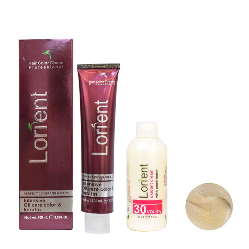 رنگ مو لورینت شماره 12.21 حجم 100 میلی لیتر رنگ زیتونی قطبی به همراه اکسیدان شماره 2 نه درصدی حجم 125 میلی لیتر