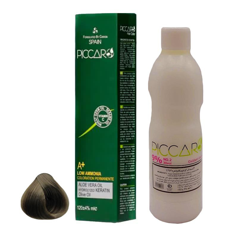 رنگ مو پیکارو شماره M8 حجم 120 میلی لیتر رنگ بلوند زیتونی روشن به همراه اکسیدان پیکارو مدل 2 نه درصدی حجم 150 میلی لیتر