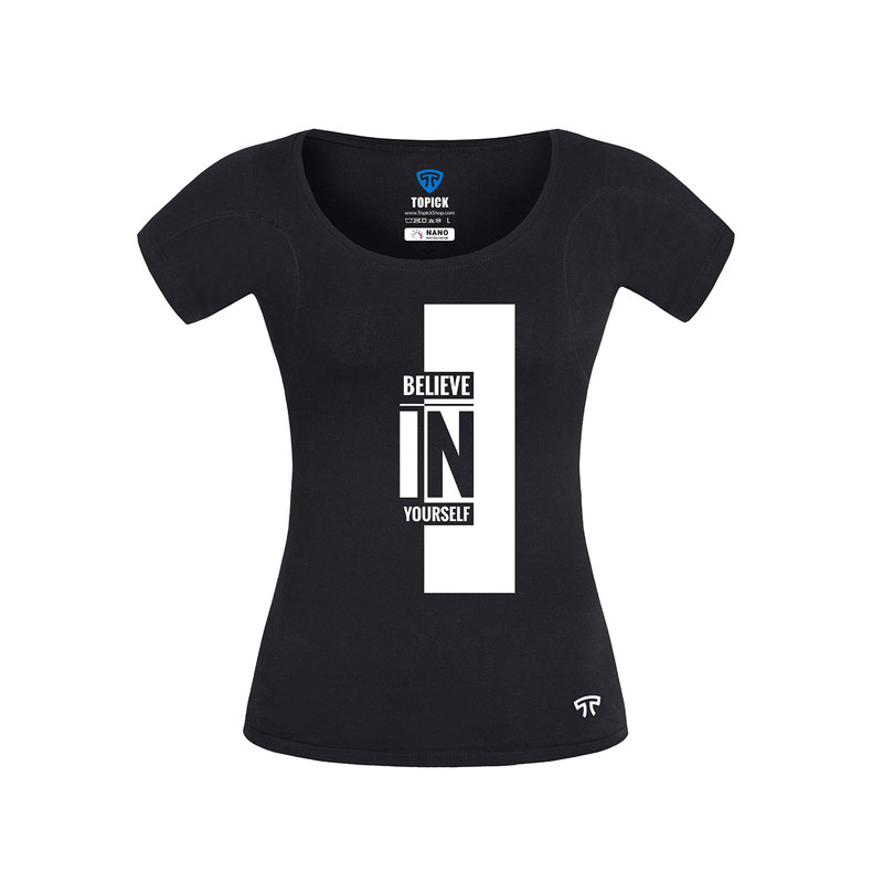 تی شرت آستین کوتاه زنانه تاپیک مدل نانو آنتی باکتریال ضد تعریق طرح believe