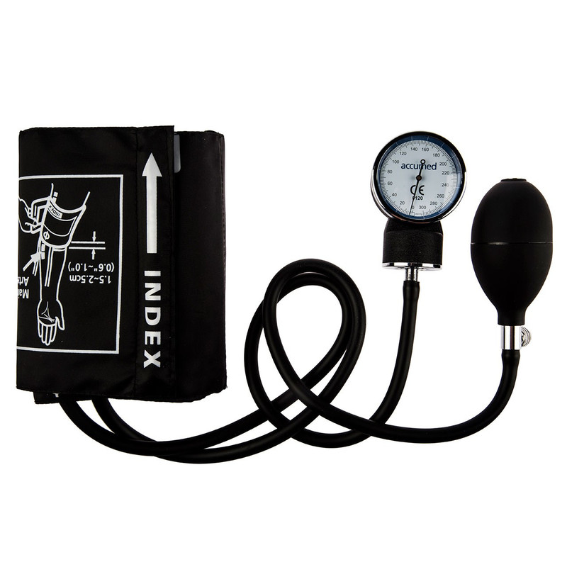 فشارسنج بازویی عقربه‌ای اکیومد مدل KJ-106C با مانومتر بزرگ و خوانا، کاف ضد حساسیت بدون لاتکس، پیچ تخلیه برنجی با روکش کروم و گوشی پزشکی تک‌بل مناسب دور بازوی 24 تا 32 سانتی‌متر