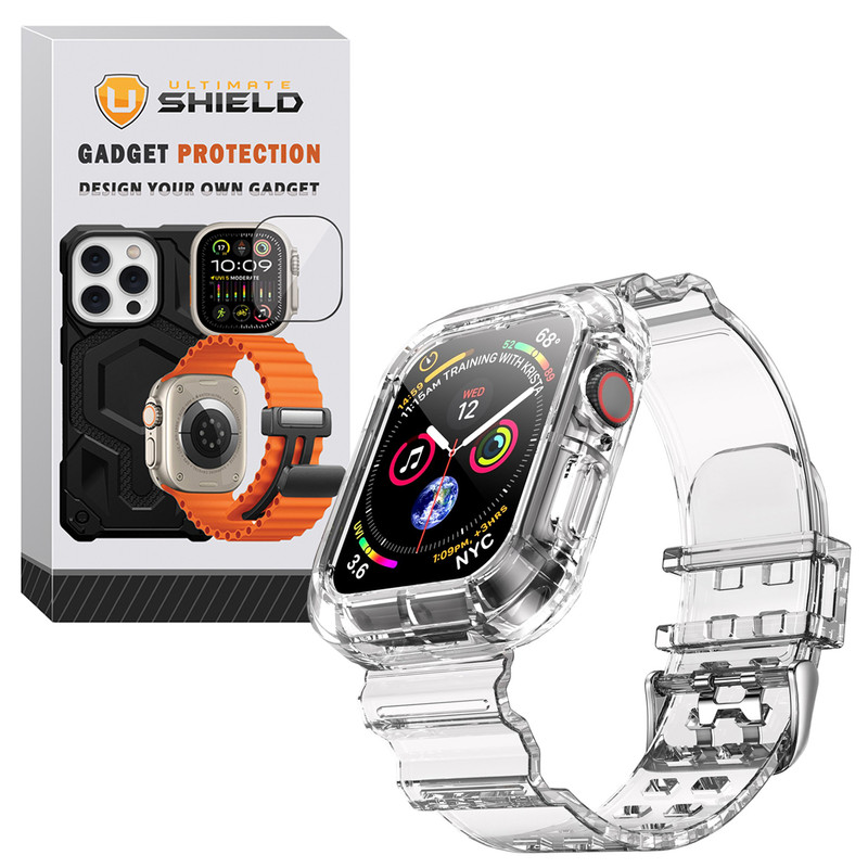 بند آلتیمیت شیلد مدل Transparent Shock مناسب برای اپل واچ 45 mm سری 7 به همراه کاور