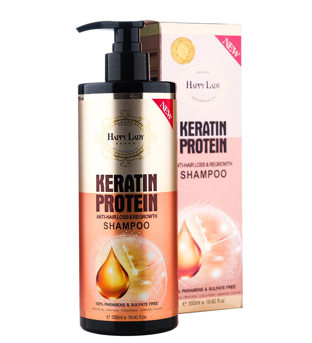 شامپو کراتین پروتئین فری سولفات و ضدریزش مو برند هپی لیدی حجم 550 میلی لیتر