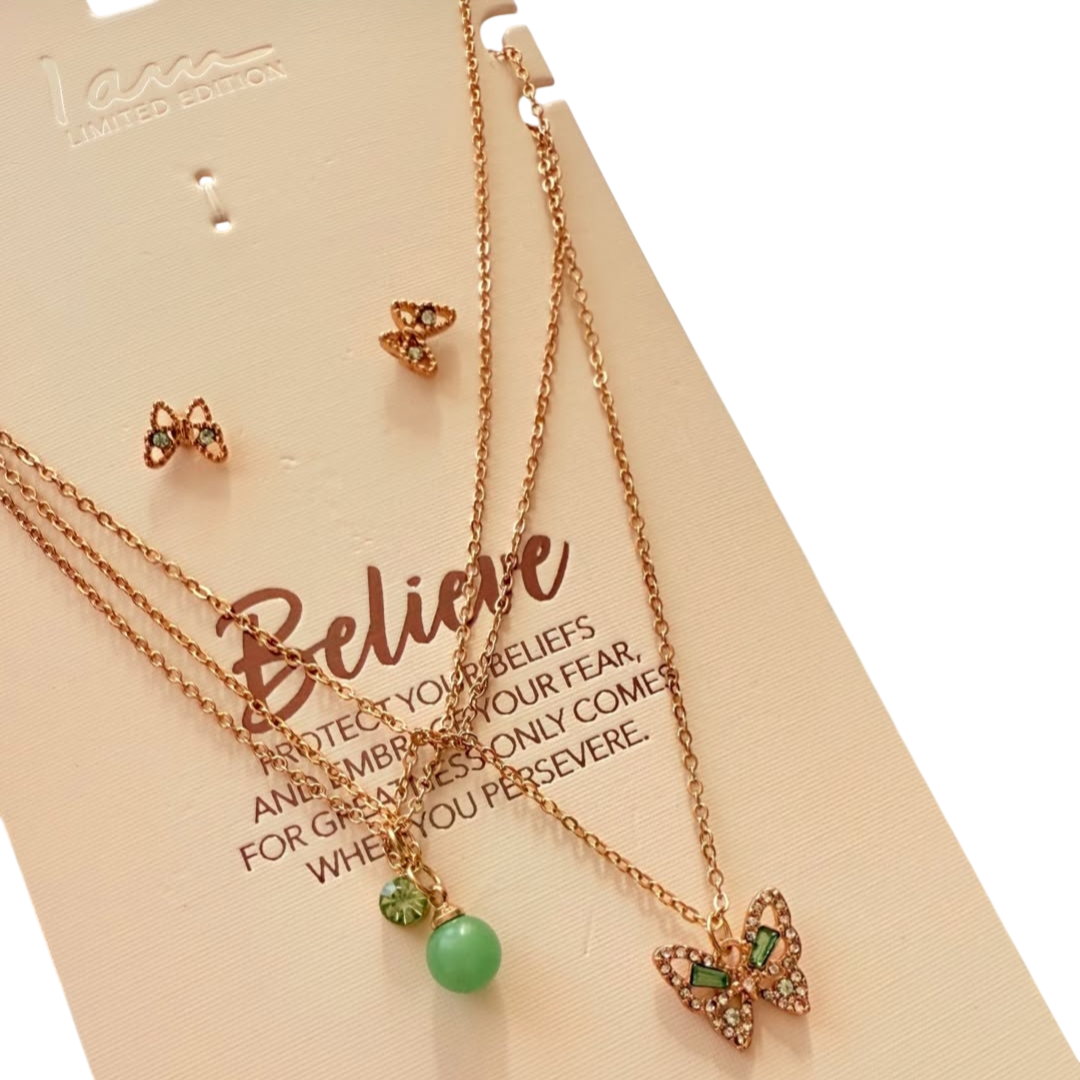 پک سه عددی گردنبند طلایی آویز سنگ آونتورین و گوشواره پروانه برند iam کد ۱۷۰۹۴