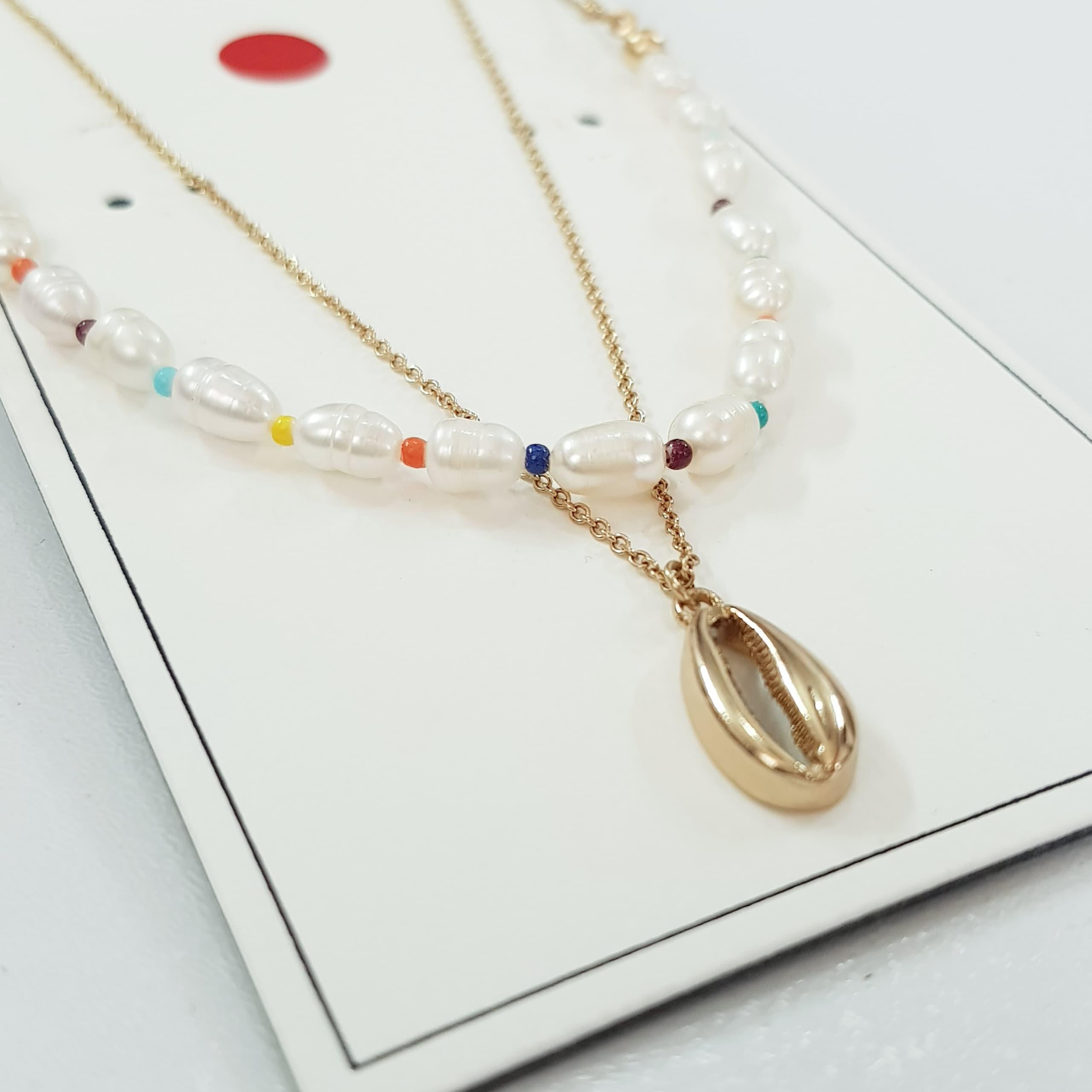 پک دو عددی گردنبند طلایی کار شده با مروارید آب شیرین اصل ، از سری لیمیتد ادیشن TOSH