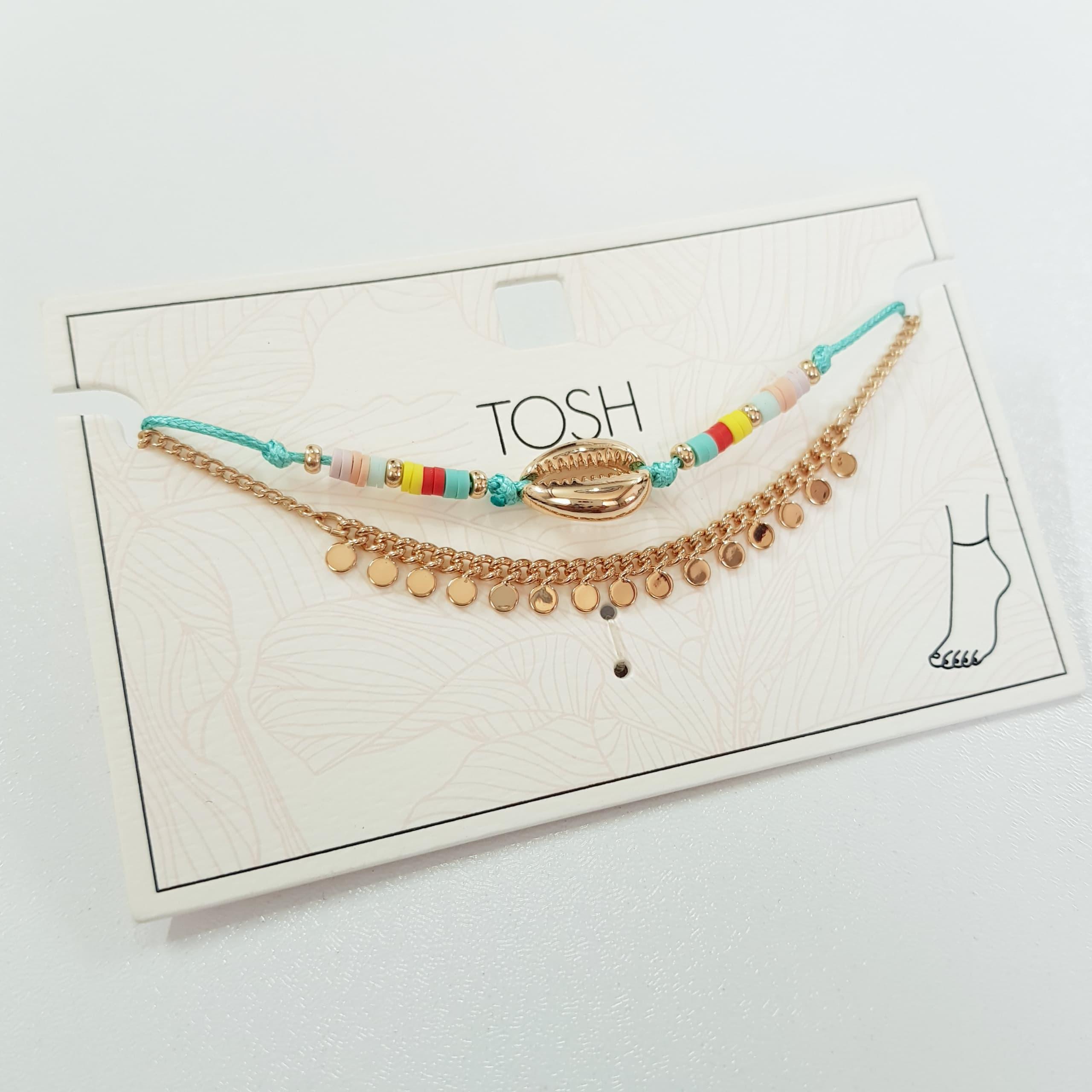 پک دو عددی پابند طلایی آویز دار و نخی کار شده با مهره فیمو رنگی و صدف طلایی