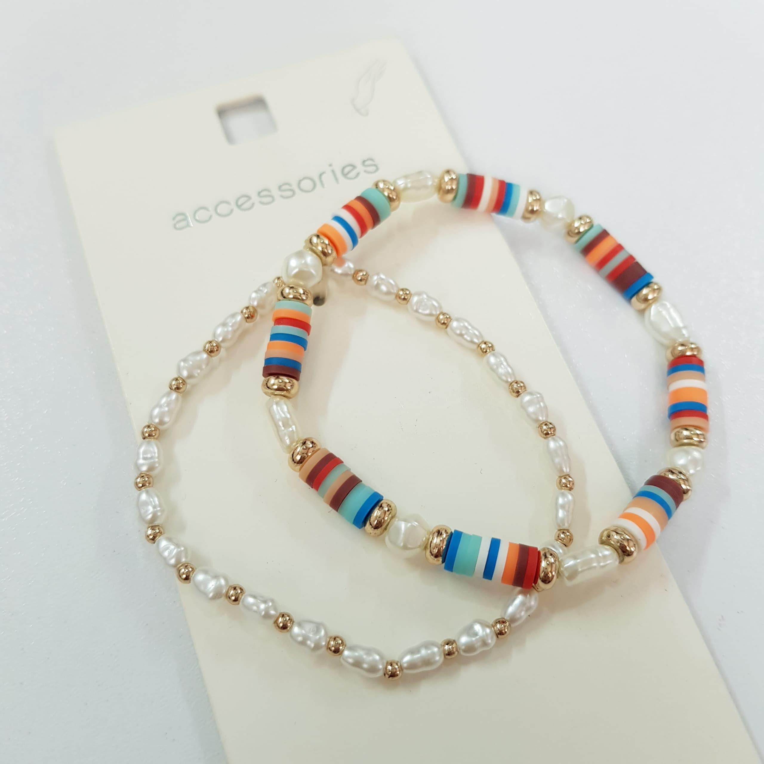 پک دو عددی دستبند کشی با مروارید و مهره های فیمو رنگی برند Accessories  - فری سایز