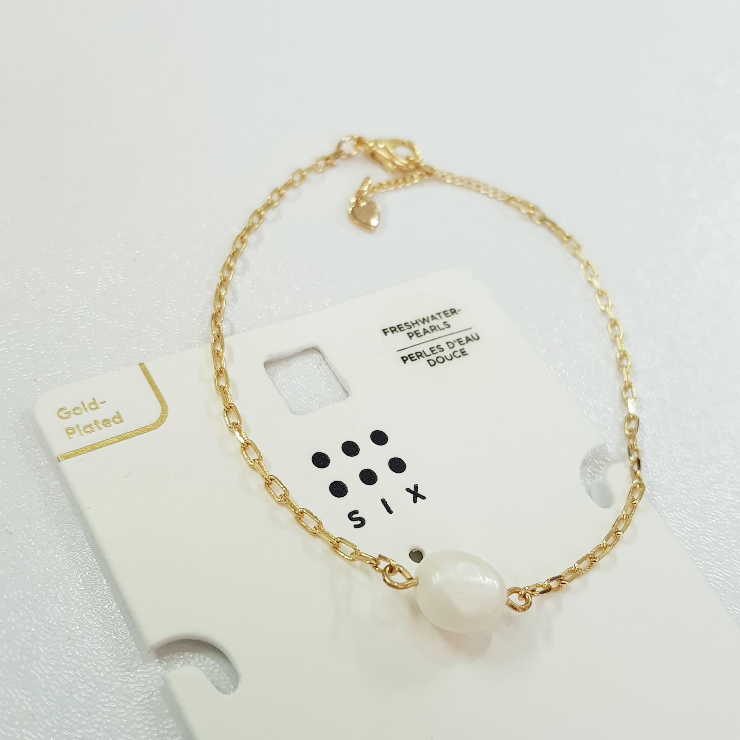 دستبند زنجیر آبکاری طلا کار شده با مروارید برند Six