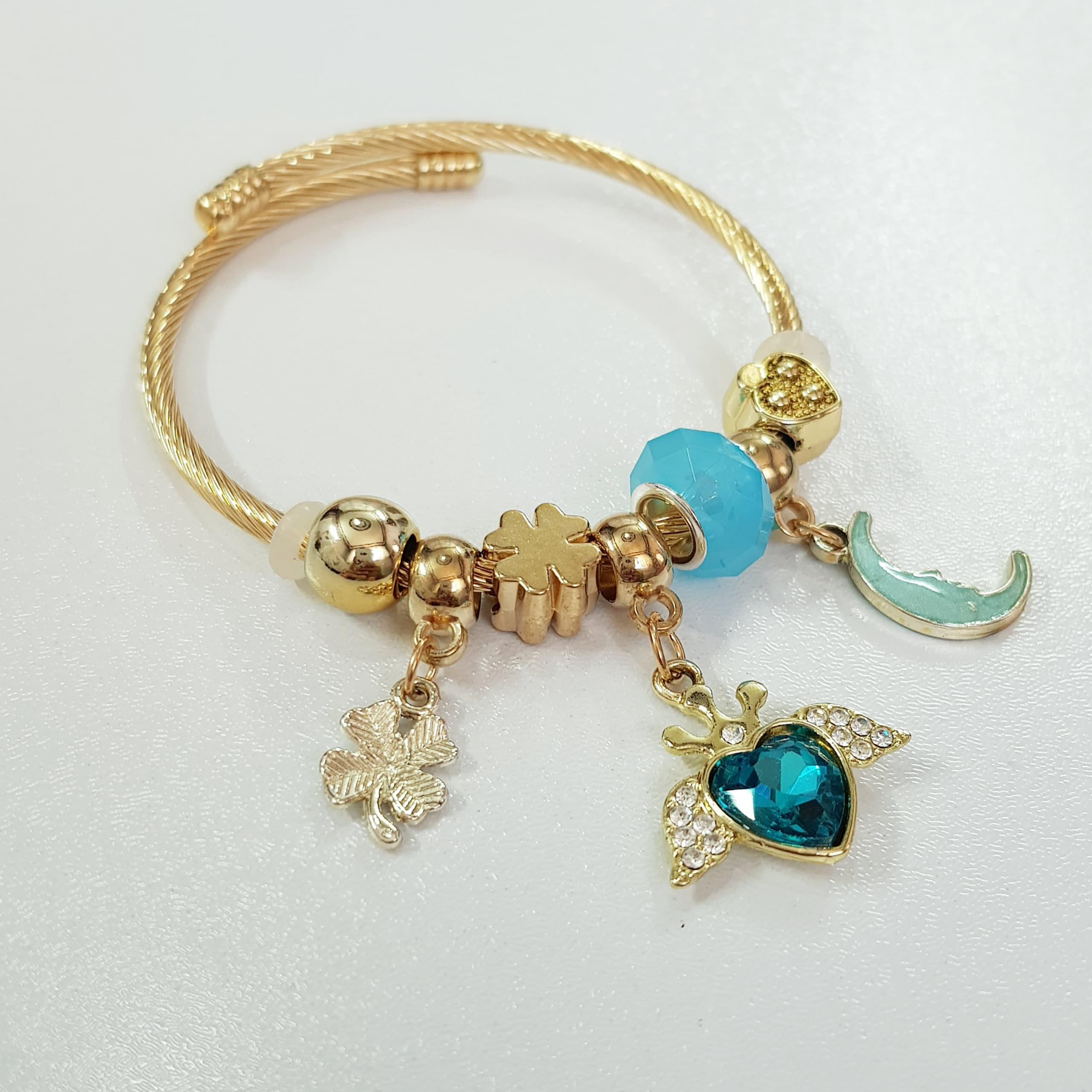 دستبند پاندورا طلایی استیل آویزدار