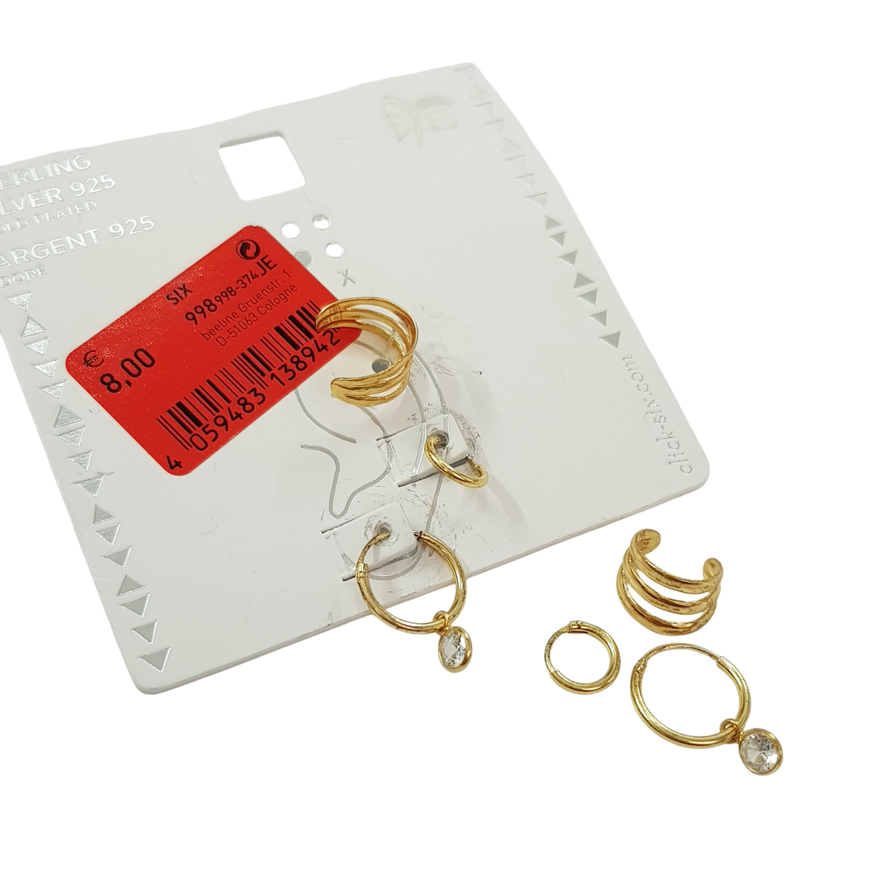 پک سه عددی گوشواره حلقه ای و ایرکاف نقره استرلینگ عیار ۹۲۵ با آبکاری طلا برند Six