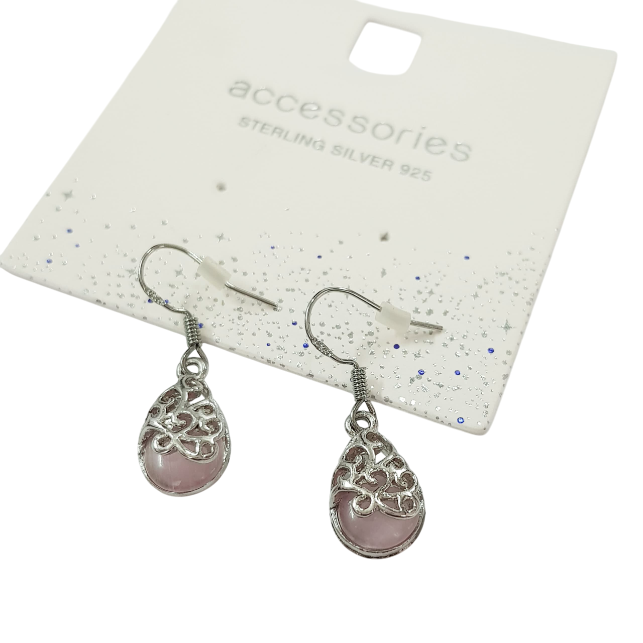 گوشواره استیل با آویز سنگ رز کوارتز برند ACC