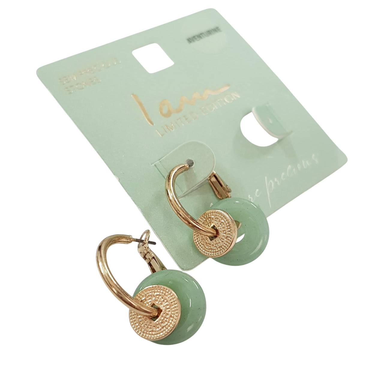 گوشواره طلایی آویز سنگ آونتورین سبز اصل برند iam کد ۲۱۰۸۴