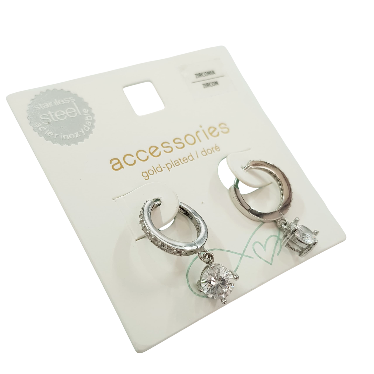 گوشواره استیل قفلی آویز سنگ زیرکنیا برند ACC کد ۰۸۰۹۲