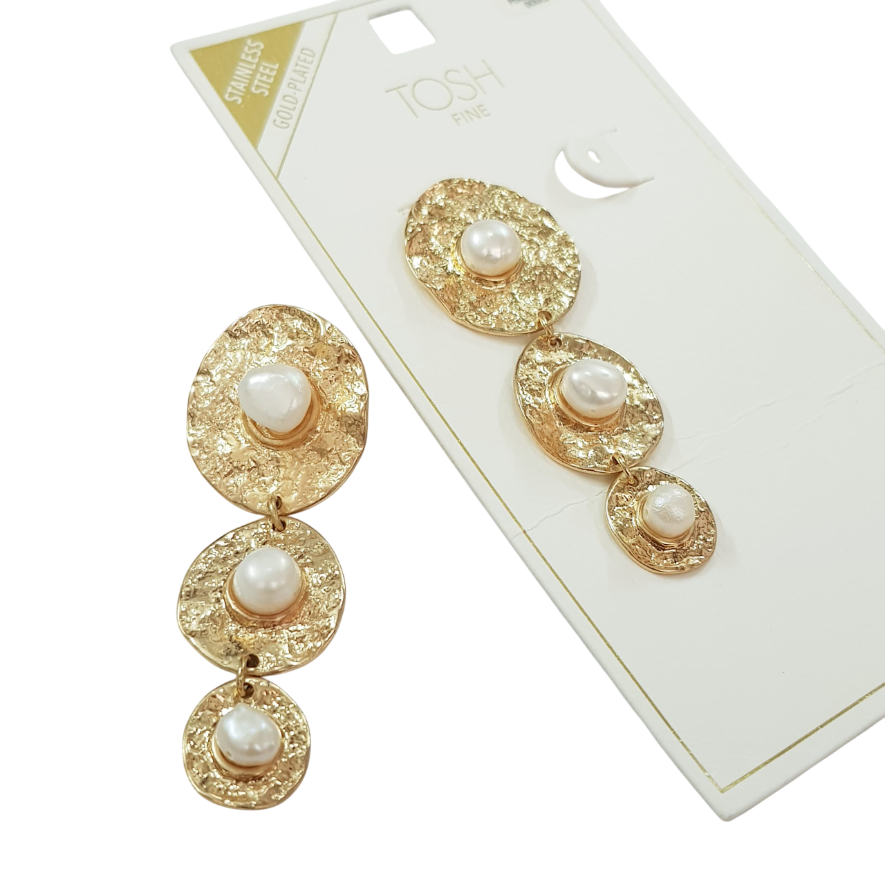 گوشواره استیل طلایی آویز مروارید برند TOSH کد ۰۸۰۹۶